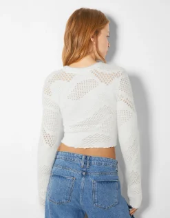 BERSHKA Pull col rond Blanc cassé Cheap