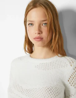 BERSHKA Pull col rond Blanc cassé Cheap