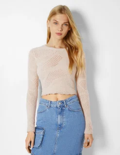 BERSHKA Pull col rond Blanc cassé Sale