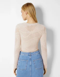 BERSHKA Pull col rond Blanc cassé Sale