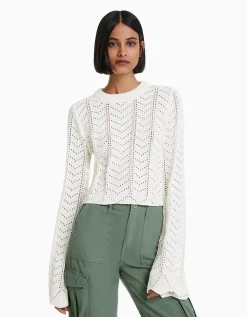 BERSHKA Pull col rond ajouré Jaune Cheap
