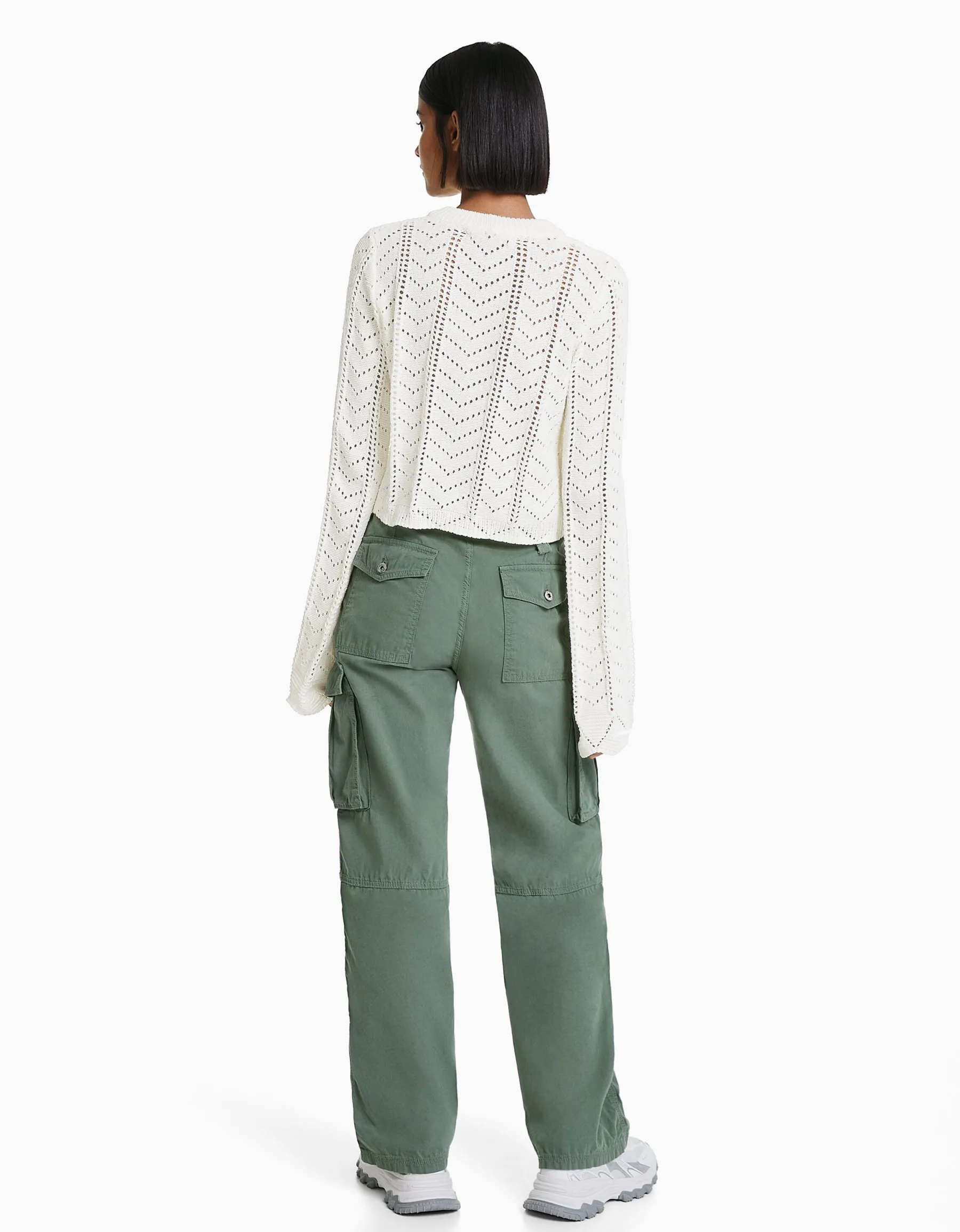 BERSHKA Pull col rond ajouré Jaune Cheap