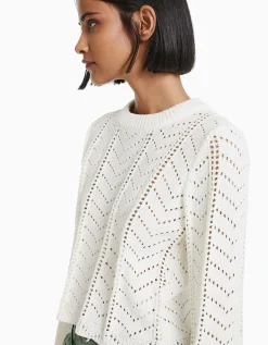 BERSHKA Pull col rond ajouré Jaune Cheap