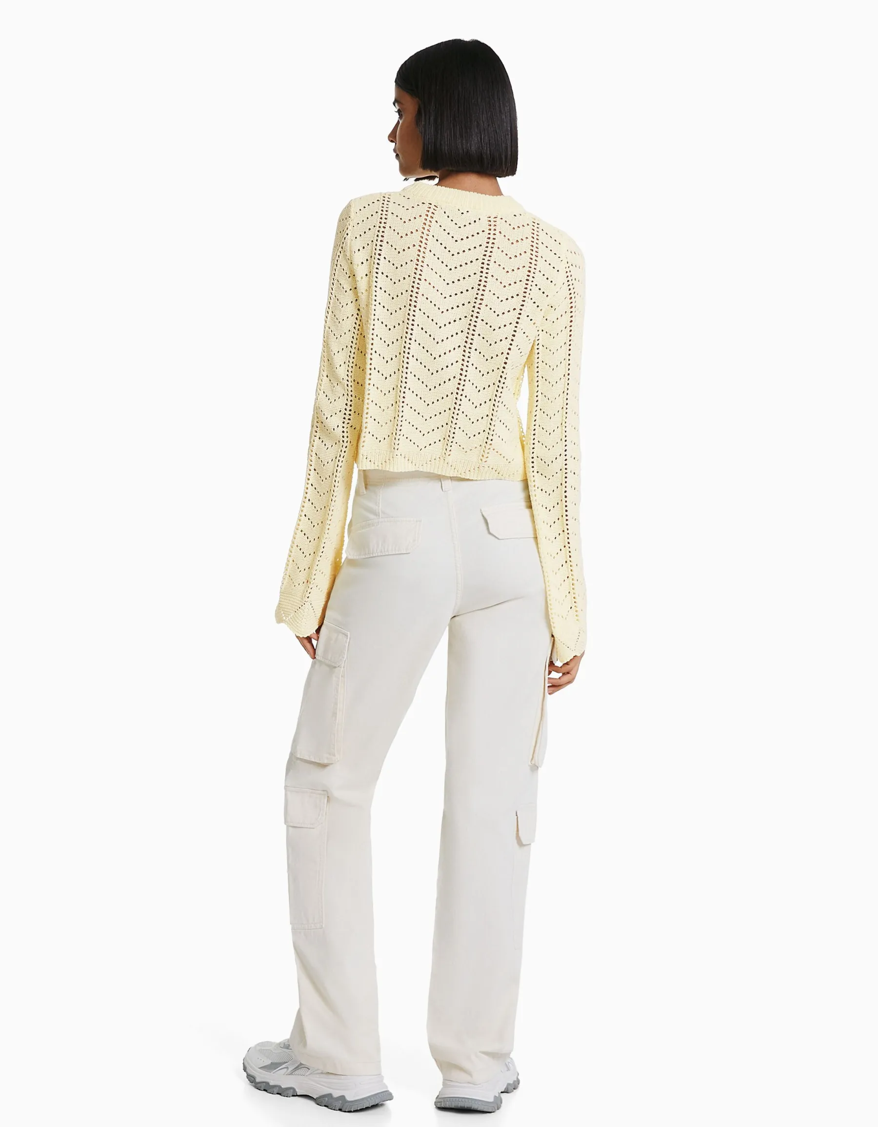 BERSHKA Pull col rond ajouré Jaune Fashion