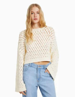 BERSHKA Pull col rond rustique ajours Écru Hot