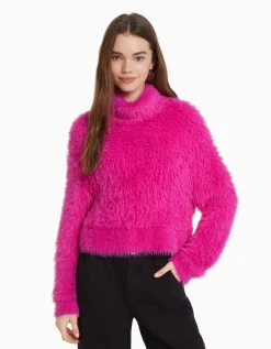 BERSHKA Pull col roulé effet fourrure Fuchsia Best