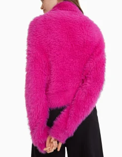BERSHKA Pull col roulé effet fourrure Fuchsia Best