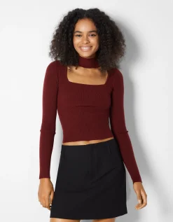 BERSHKA Pull col style collier ras du cou Grenade Cheap