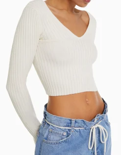 BERSHKA Pull col V bord-côte Orange Outlet