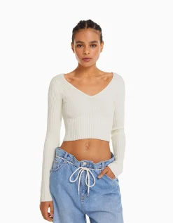 BERSHKA Pull col V bord-côte Écru Store