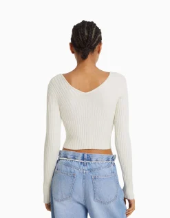 BERSHKA Pull col V bord-côte Écru Store