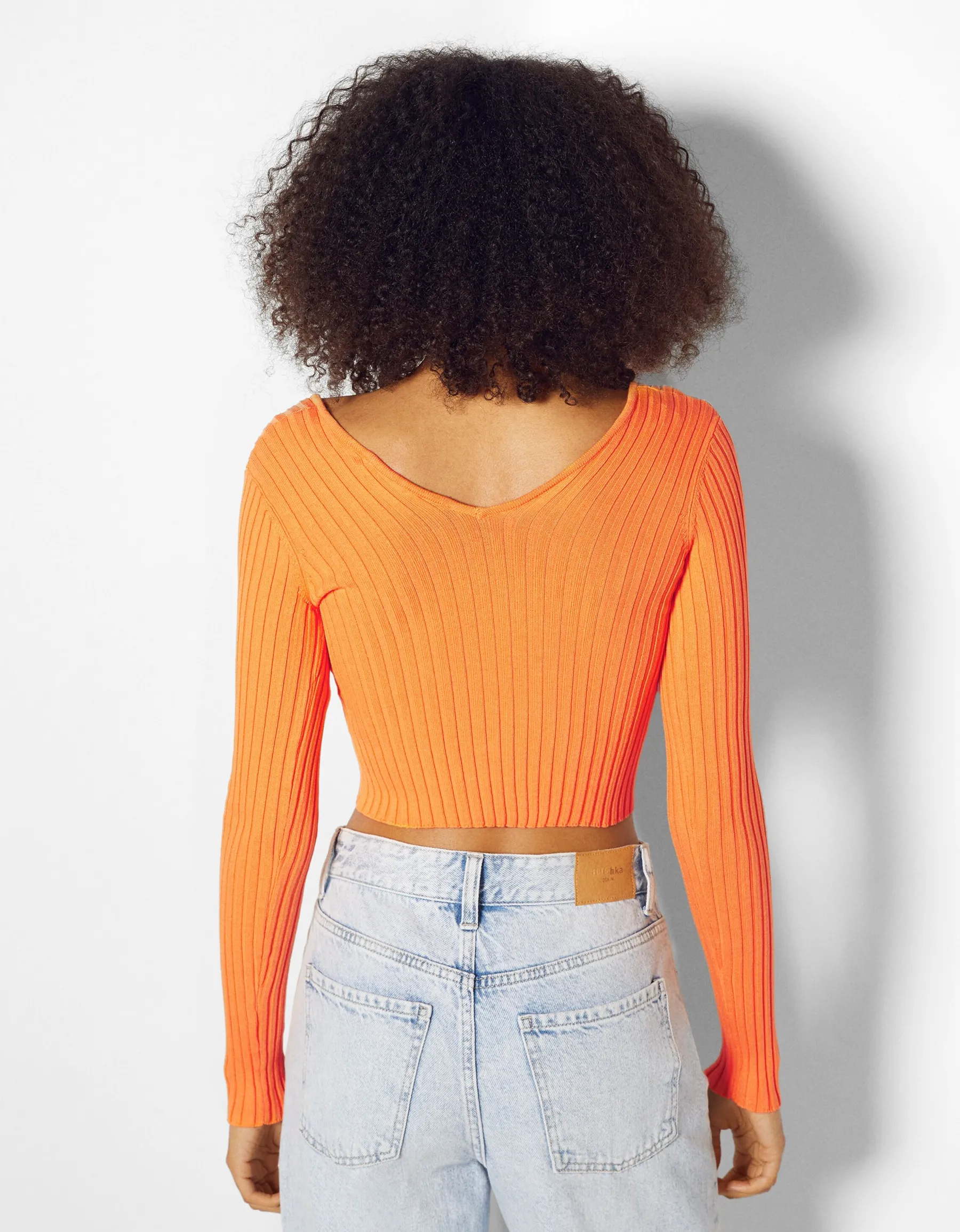 BERSHKA Pull col V bord-côte Orange Discount