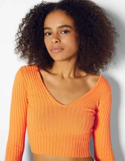 BERSHKA Pull col V bord-côte Orange Discount