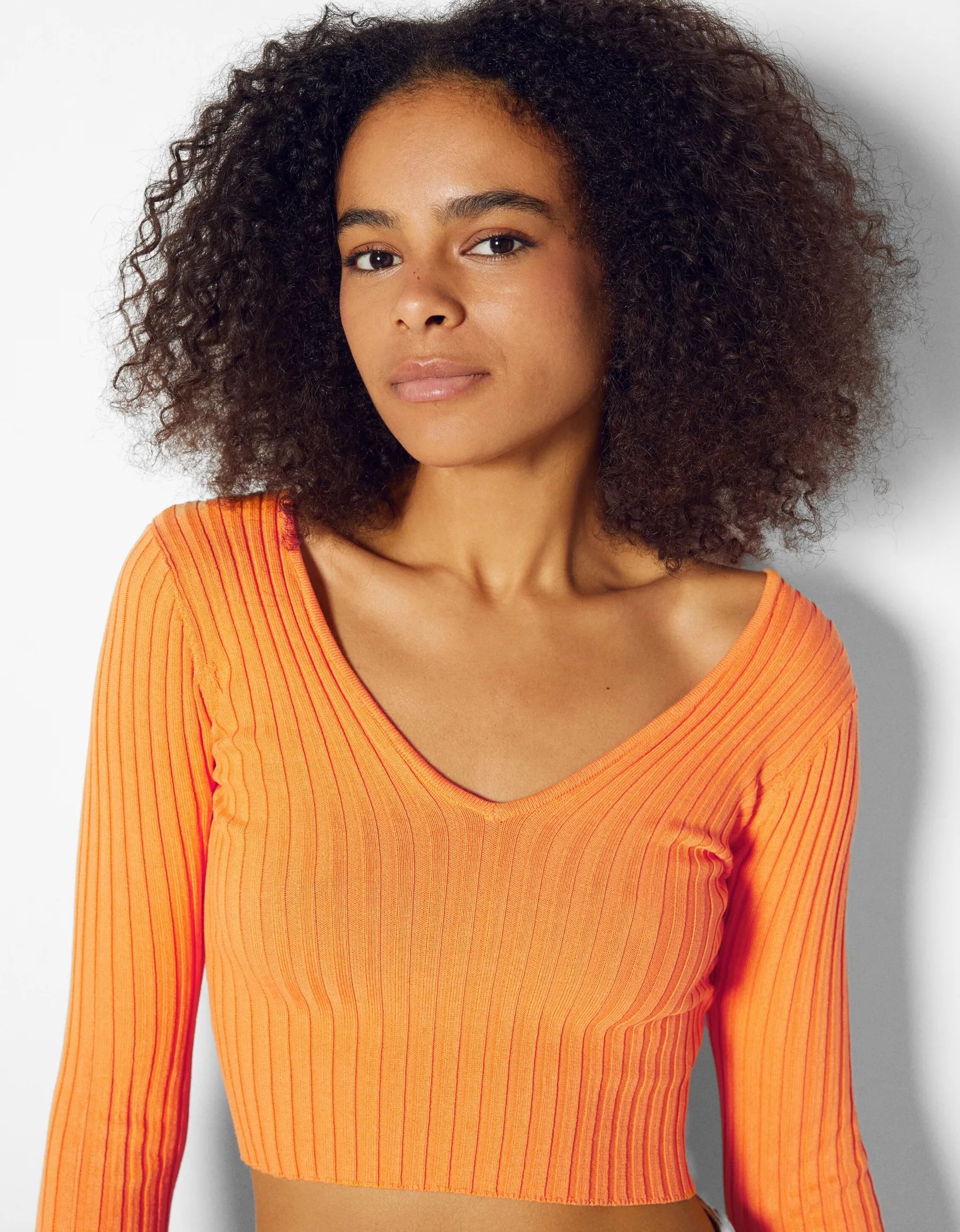BERSHKA Pull col V bord-côte Orange Discount
