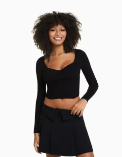 BERSHKA Pull corset maille côtelée Écru Online