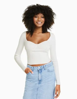 BERSHKA Pull corset maille côtelée Écru Store