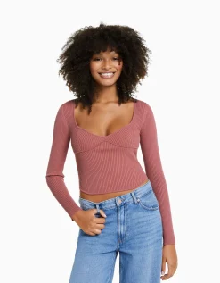 BERSHKA Pull corset maille côtelée Écru Sale