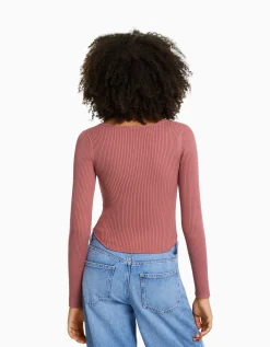 BERSHKA Pull corset maille côtelée Écru Sale