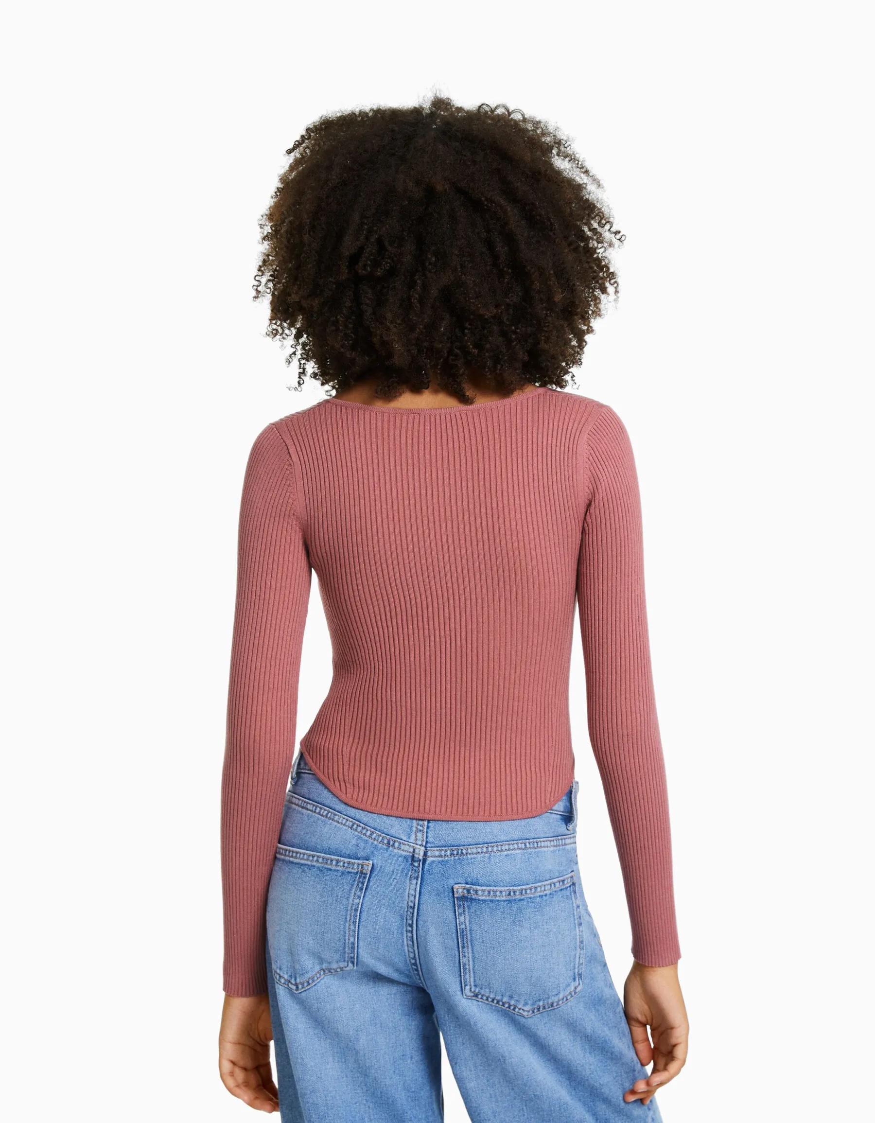 BERSHKA Pull corset maille côtelée Écru Sale