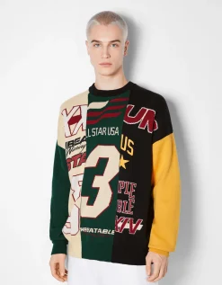 BERSHKA Pull couleur block Noir Cheap