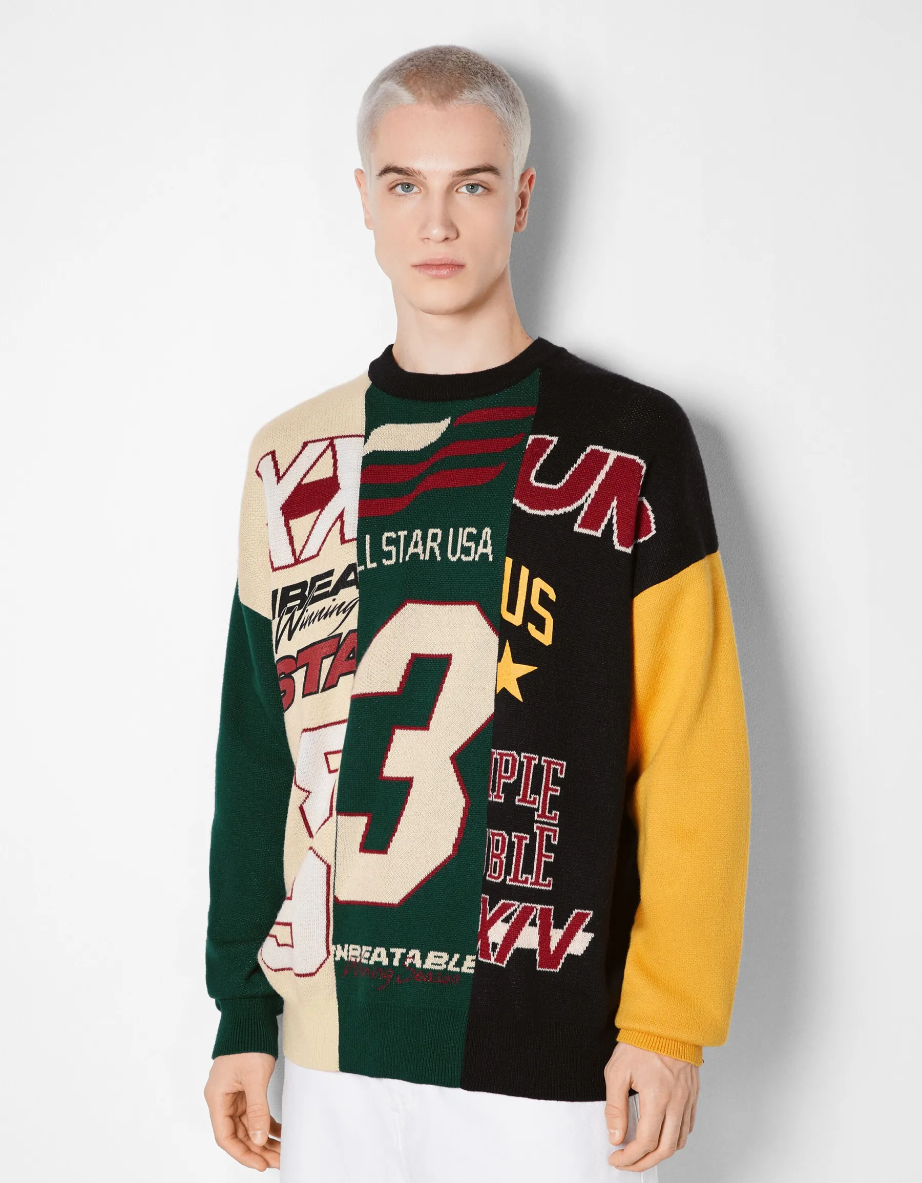 BERSHKA Pull couleur block Noir Cheap