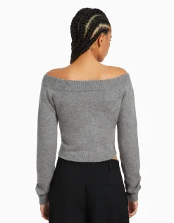 BERSHKA Pull court col en V Gris Discount