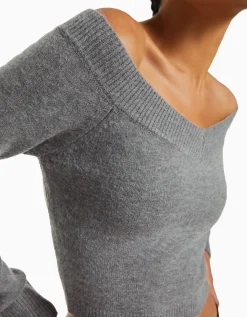 BERSHKA Pull court col en V Gris Discount