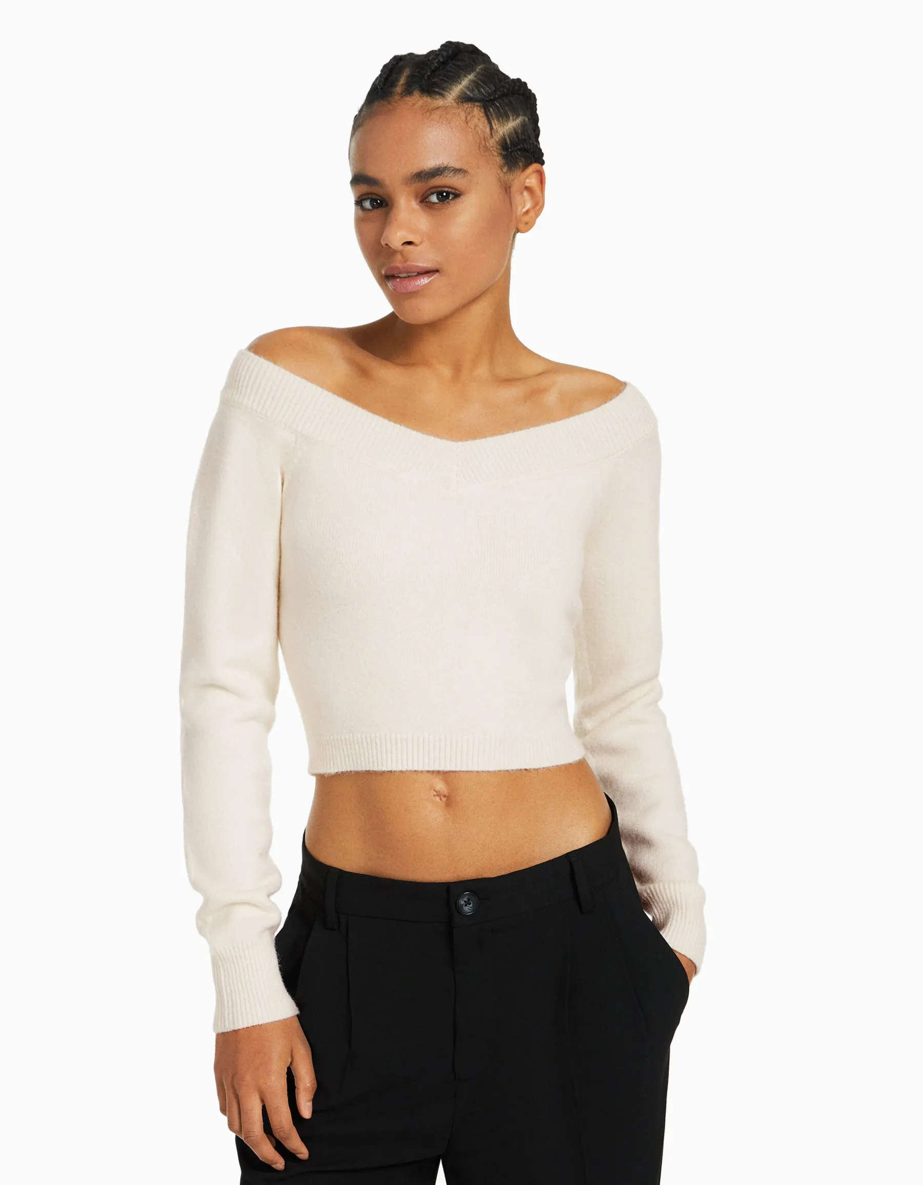 BERSHKA Pull court col en V Gris Discount