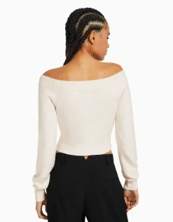 BERSHKA Pull court col en V Gris Discount
