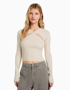 BERSHKA Pull croisé devant cut out Écru Best Sale