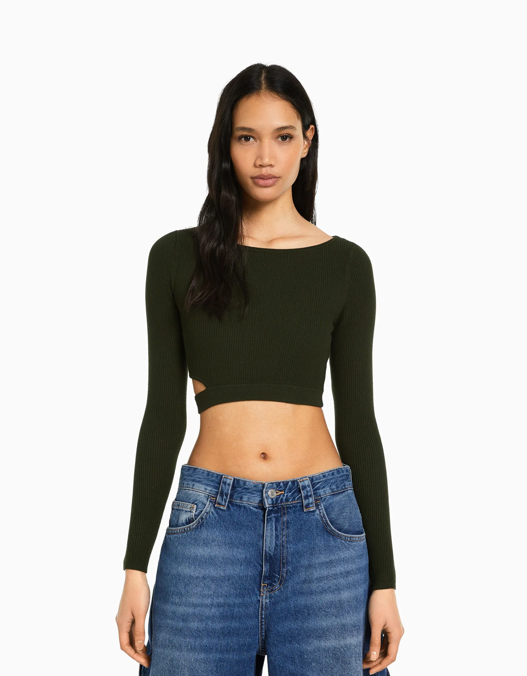 BERSHKA Pull cut out bord-côte Kaki Hot