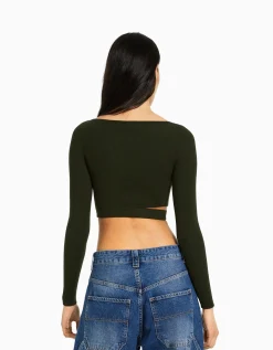 BERSHKA Pull cut out bord-côte Kaki Hot