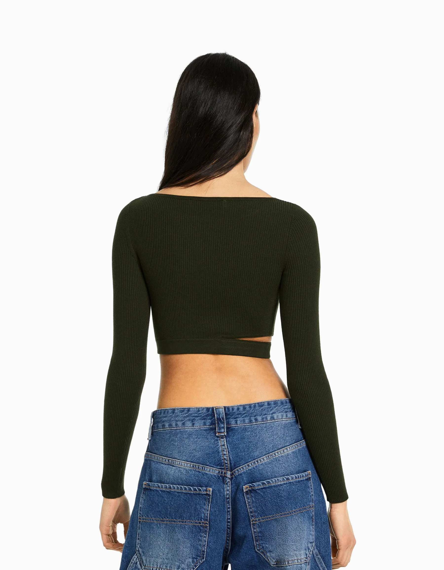 BERSHKA Pull cut out bord-côte Kaki Hot
