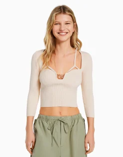 BERSHKA Pull décolleté pierres fantaisie Beige Online