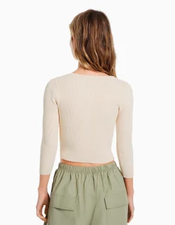 BERSHKA Pull décolleté pierres fantaisie Beige Online