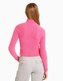 BERSHKA Pull fausse fourrure col roulé Blanc Clearance