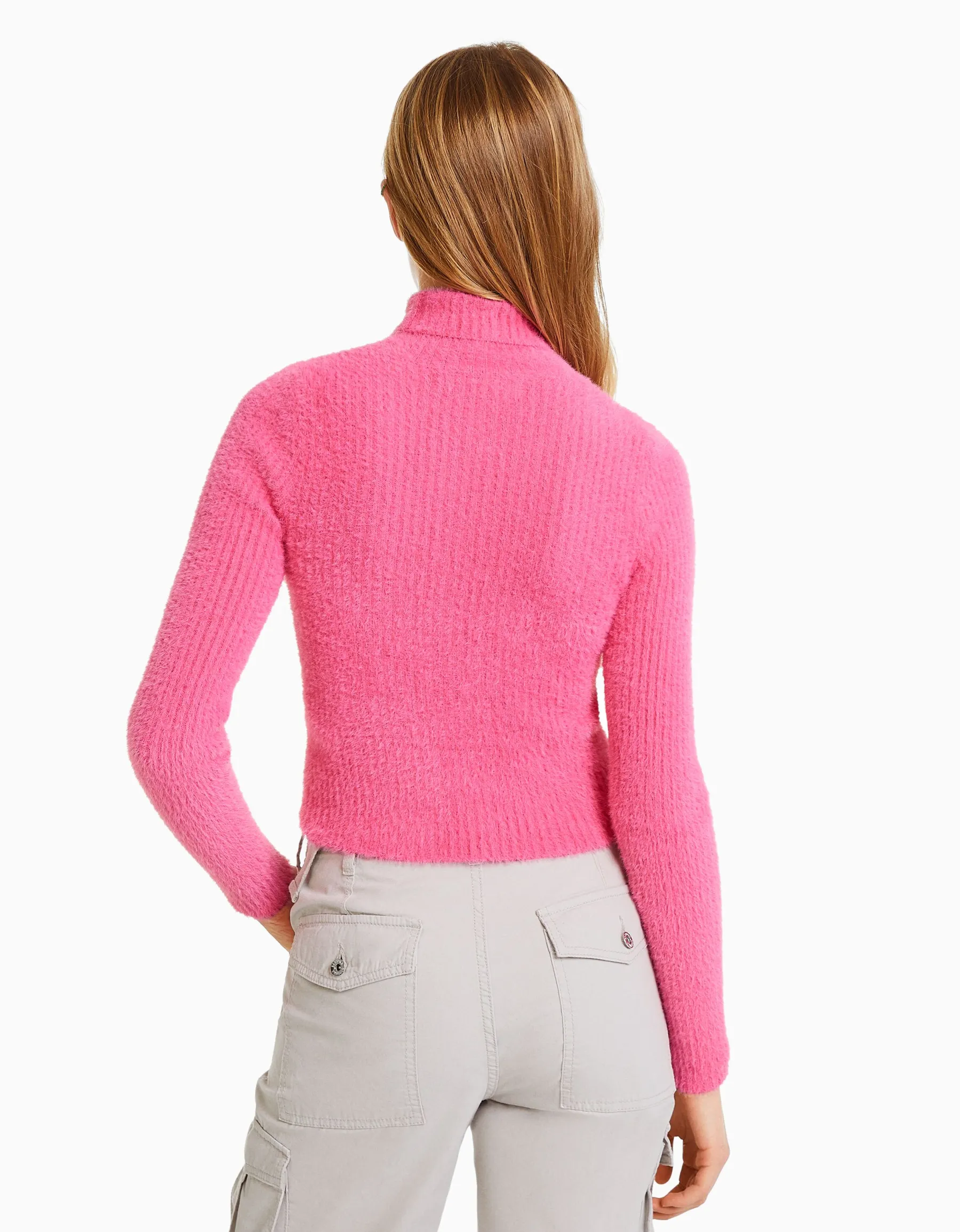 BERSHKA Pull fausse fourrure col roulé Blanc Clearance
