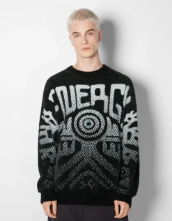 BERSHKA Pull fourrure imprimé dégradé Noir Outlet
