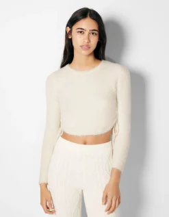 BERSHKA Pull froncé sur le côté Écru Store