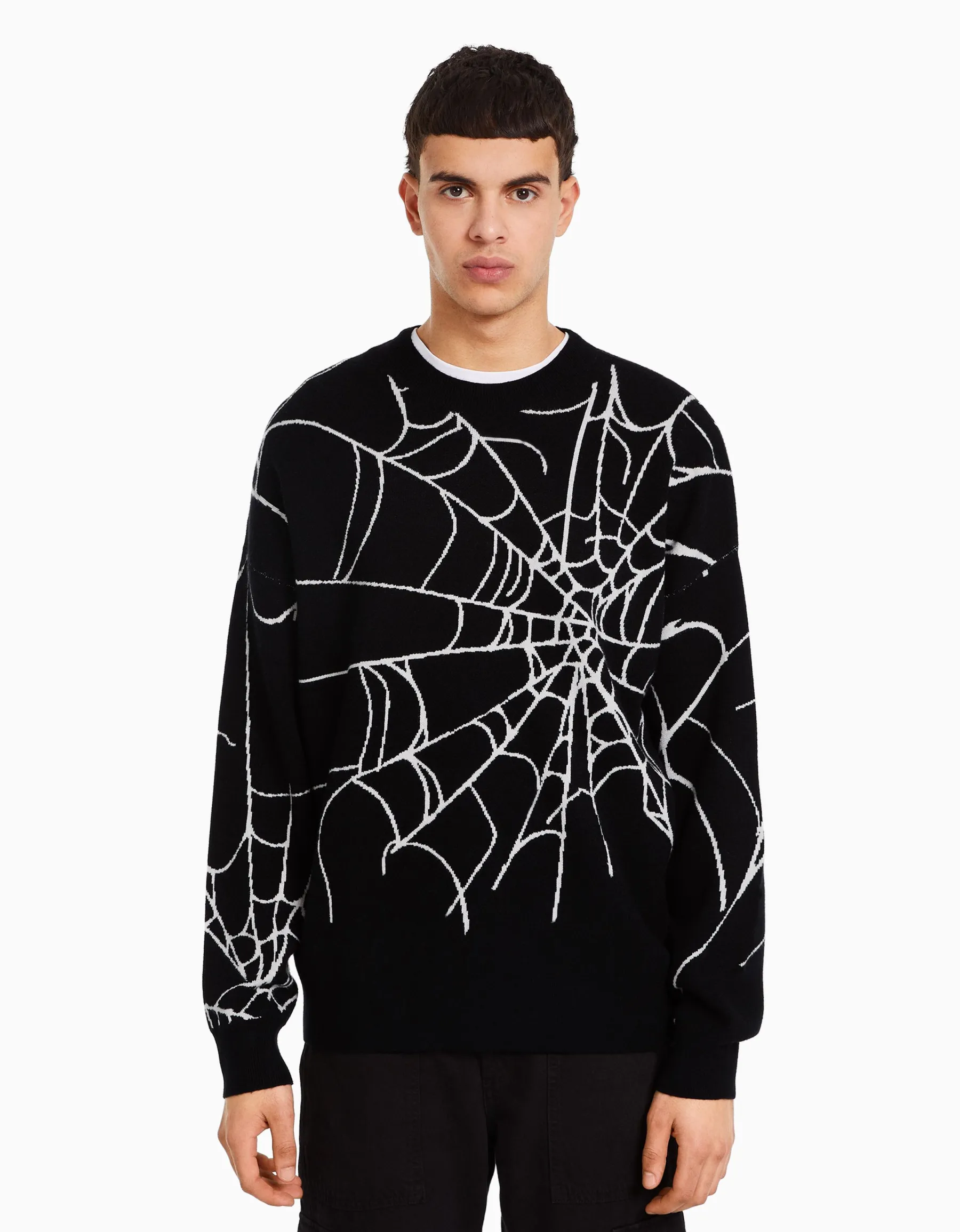 BERSHKA Pull imprimé Noir Best