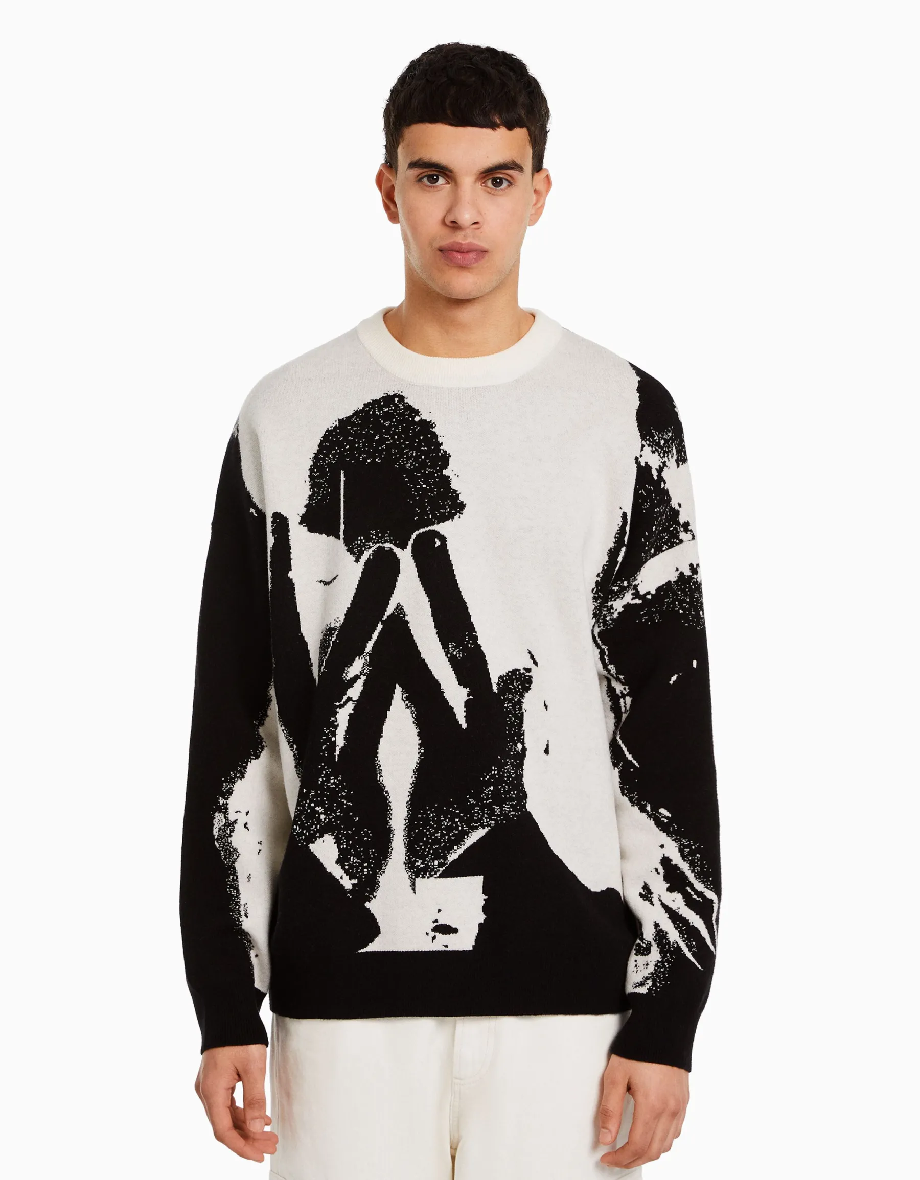 BERSHKA Pull intarsia Noir Discount
