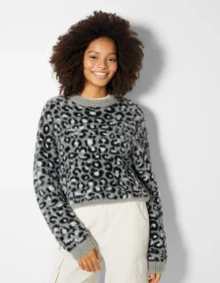 BERSHKA Pull jacquard imprimé animal Gris New