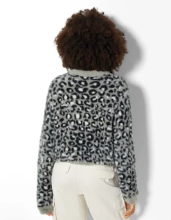 BERSHKA Pull jacquard imprimé animal Gris New