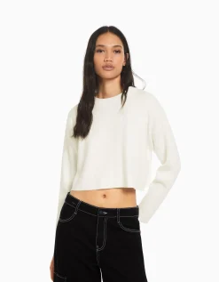 BERSHKA Pull maille col rond Blanc Best