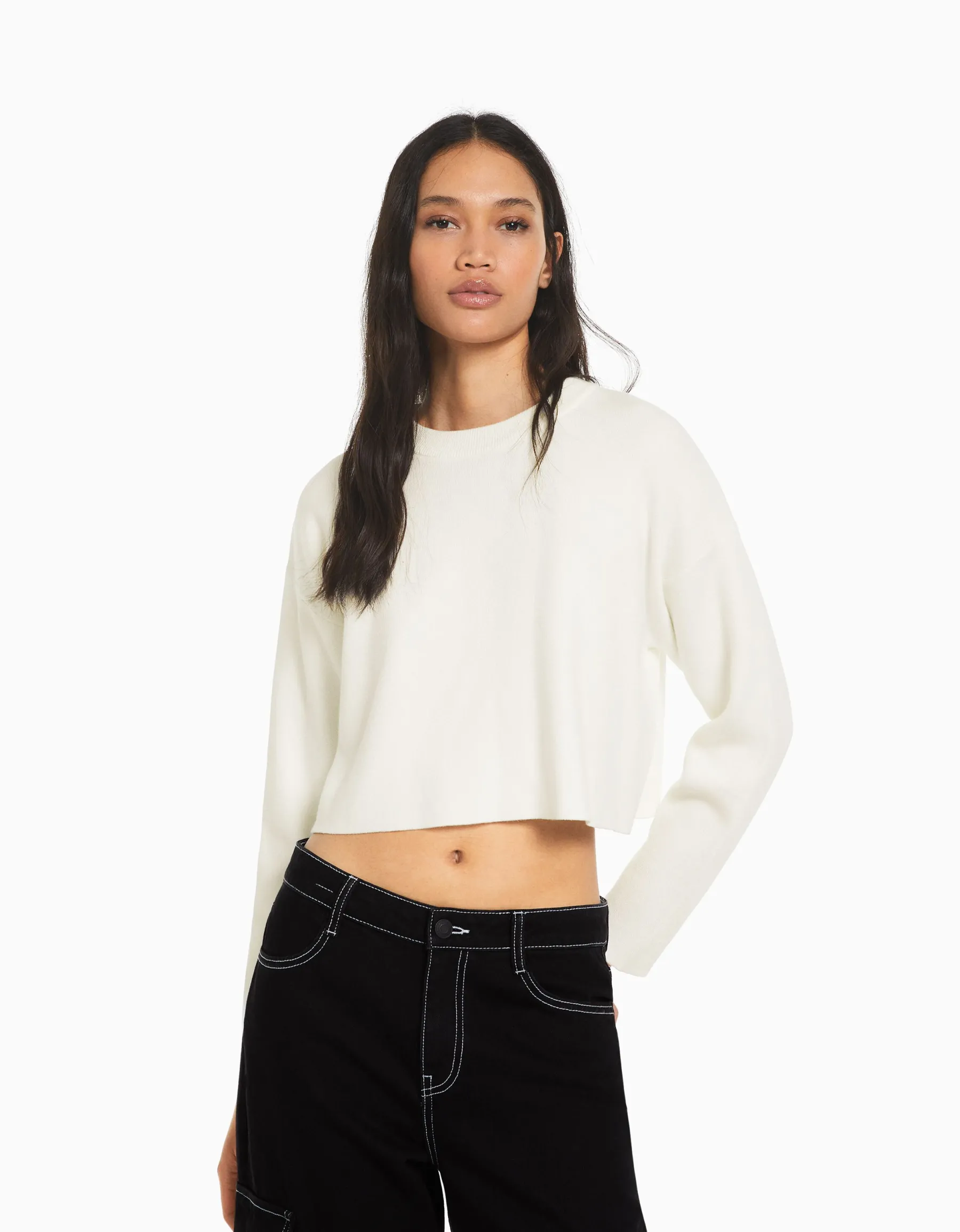 BERSHKA Pull maille col rond Blanc Best