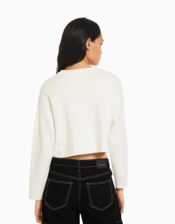 BERSHKA Pull maille col rond Blanc Best