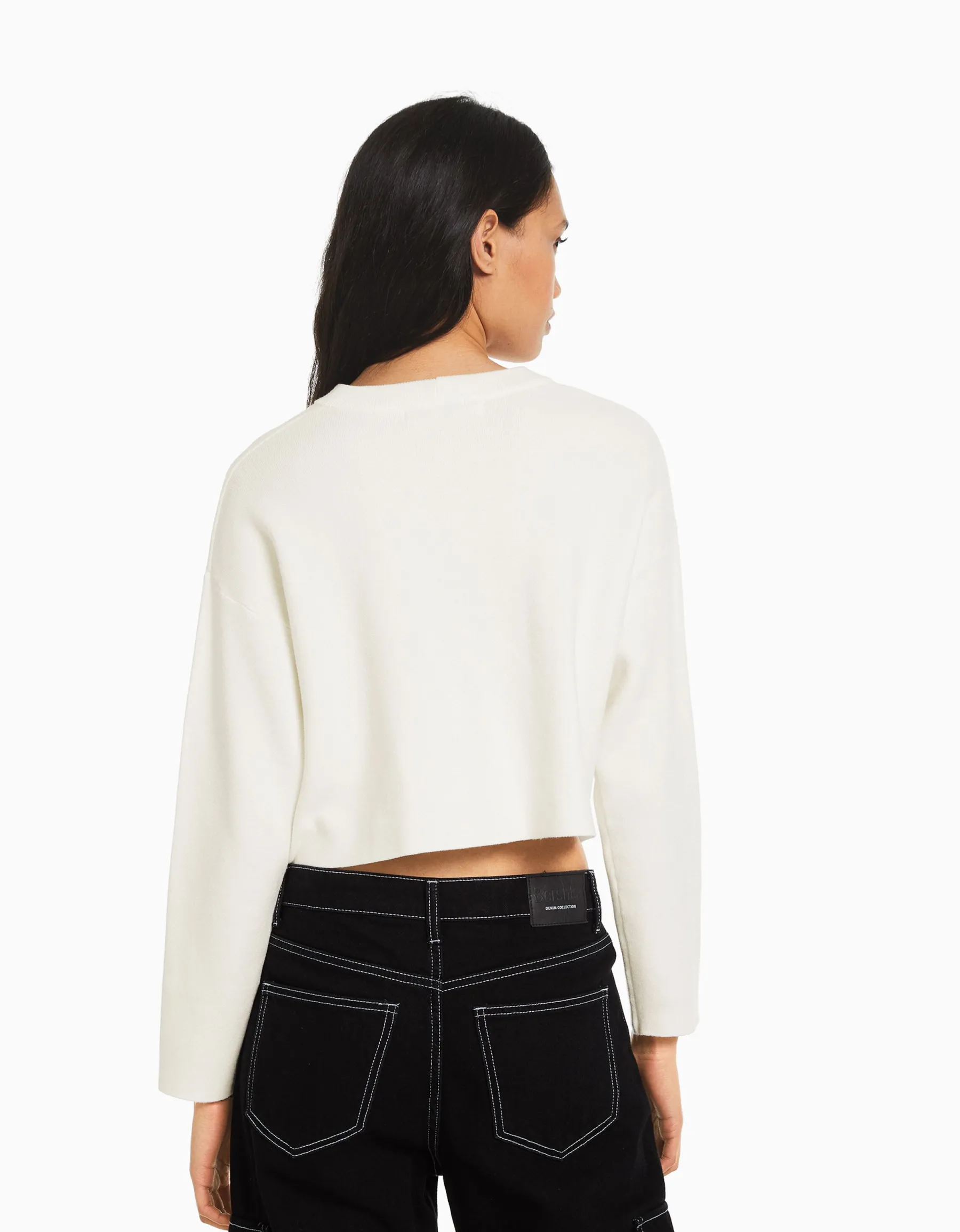 BERSHKA Pull maille col rond Blanc Best