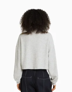 BERSHKA Pull maille col roulé zippé Écru Fashion