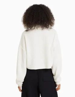 BERSHKA Pull maille col roulé zippé Écru Fashion