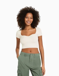 BERSHKA Pull maille manches courtes encolure cœur Rose Fashion